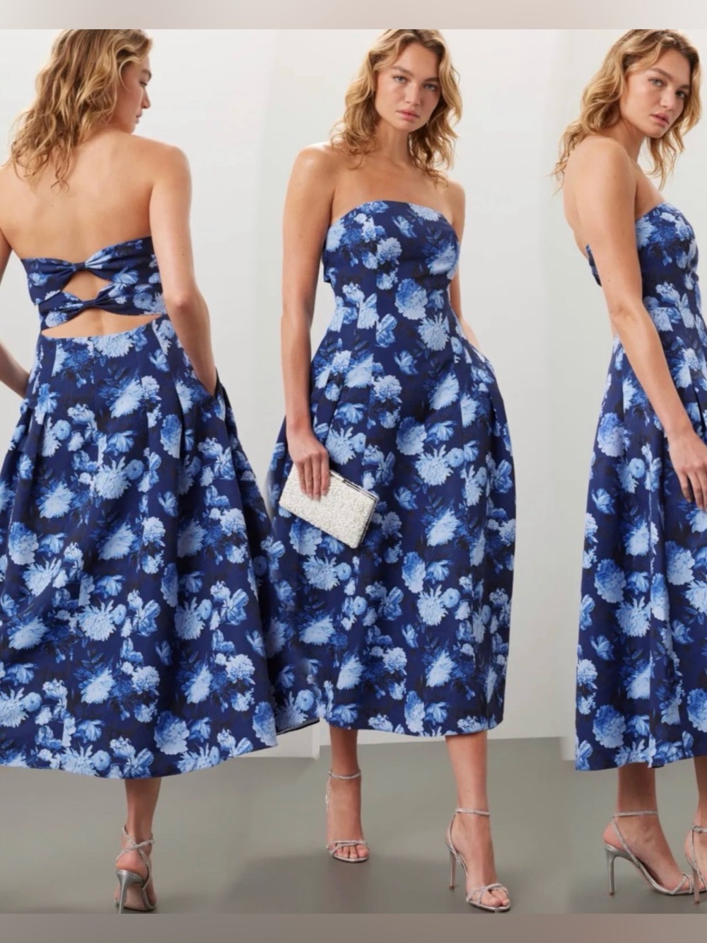 Sachin + Babi Strapless Navy and Light Blue Floral Midi Dress